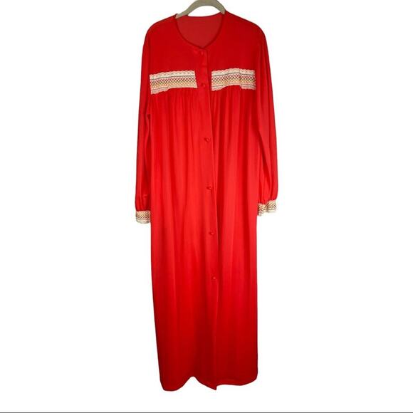 Vintage 70s Lorraine maxi length nylon button front robe embroidered lace detail - Picture 1 of 9